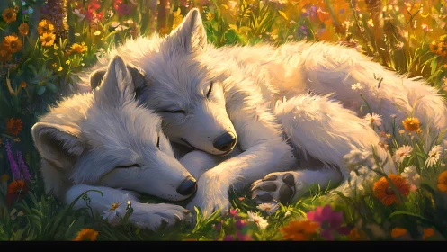 White wolves resting together in a sunlit wildflower meadow.