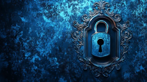 Blue padlock in ornate metallic frame on grunge wall.