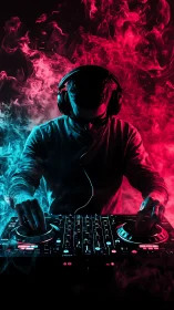 Neon split-tone DJ portrait with cinematic club lighting design.