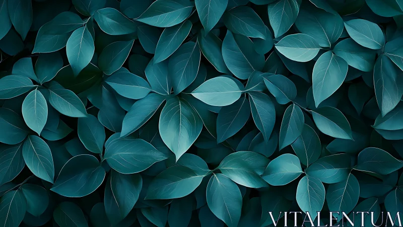 Teal foliage pattern with layered elliptical leaves.
