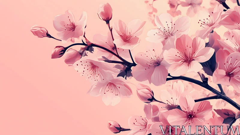 Cherry Blossom Branches Against Soft Pink: Digital Floral Composition