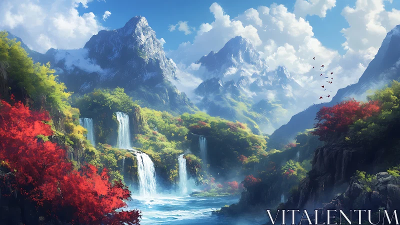 Digital landscape with waterfalls, river and mountain peaks.