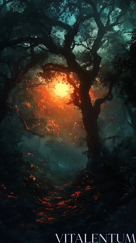 Sunlight penetrates dense forest canopy along shadowed path