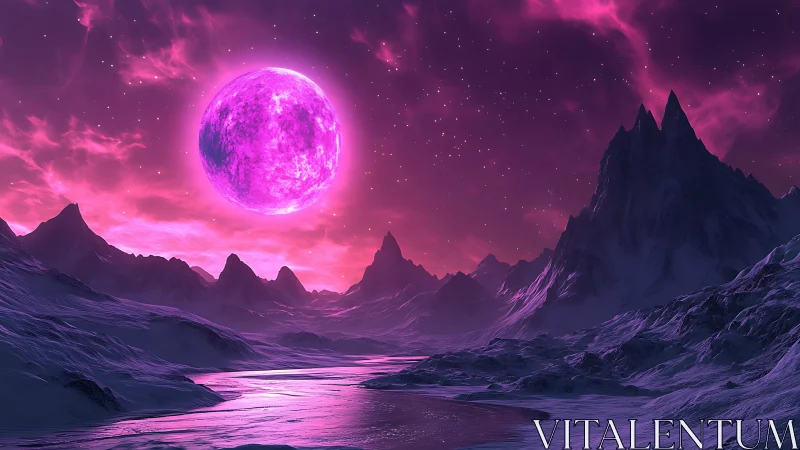 Alien ice valley under glowing magenta moonrise.