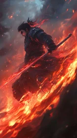 Fiery warrior strides through swirling embers and stormy skies.