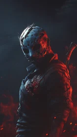 Masked antihero bathed in eerie red and midnight shadow.