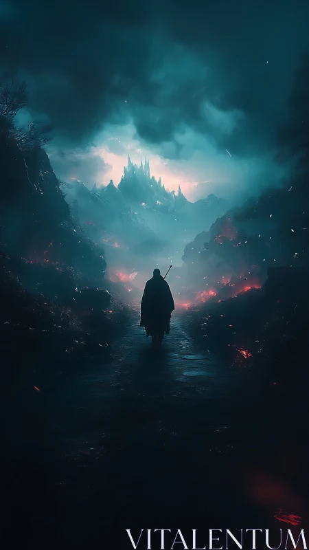 Cinematic digital painting of lone wanderer toward stormlit citadel.