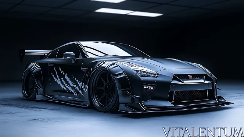 Matte black widebody Nissan GT-R under studio lights.