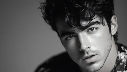 Monochrome close-up portrait of young male subject face.