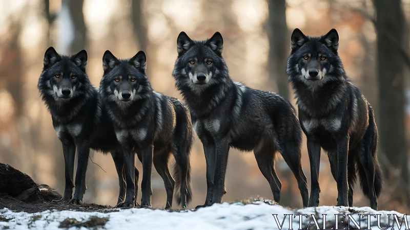Four black wolves aligned in winter forest lighted backdrop.
