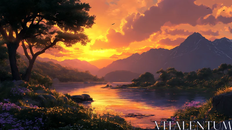 Mountain lake landscape under orange sunset sky.