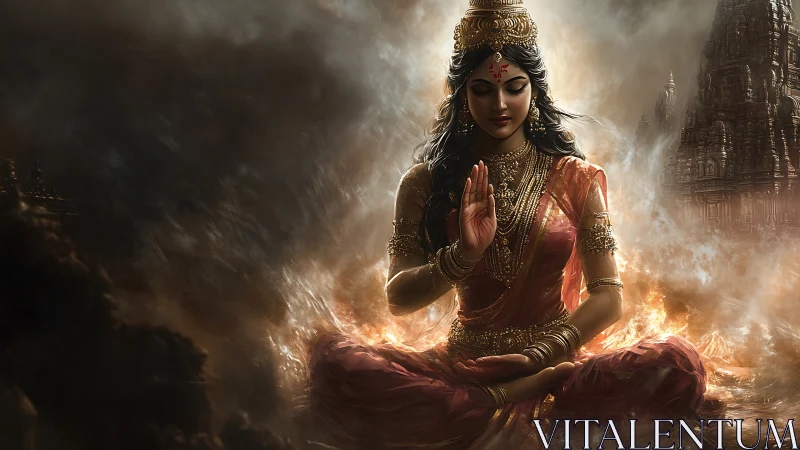 Fireborn goddess in tranquil meditation amid temple storms.