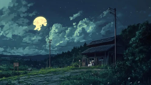 Moonlit country road and cozy house under dreamy night sky.