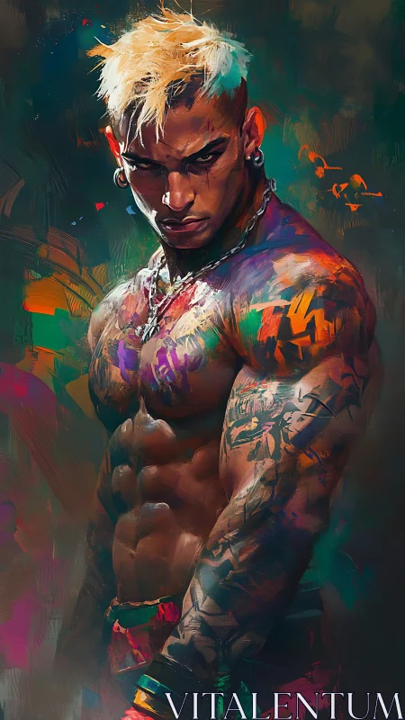 Chromatic warrior physique in high-saturation digital strokes.