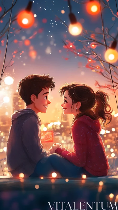 Two figures sharing a moment on a lit rooftop at dusk.