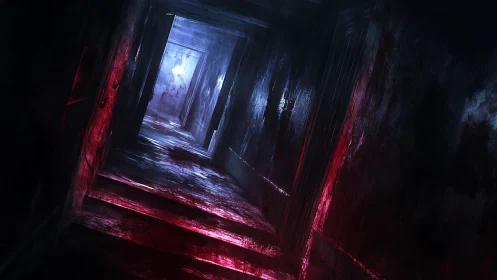 Tilted crimson corridor with blue backlight digital painting.