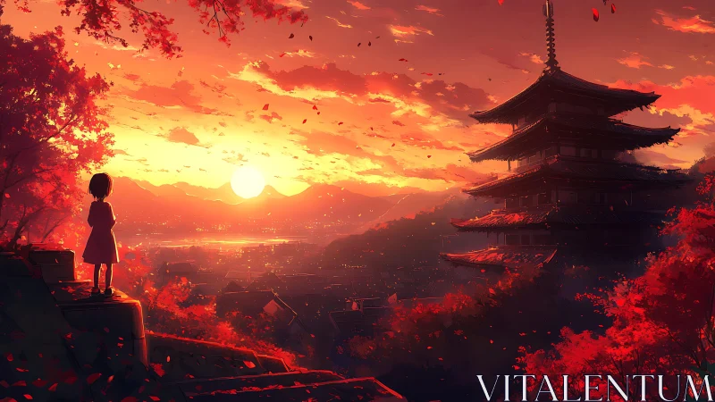 Child watches blazing sunset over tranquil pagoda valley