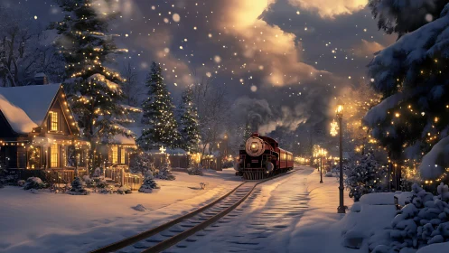Snowlit cottage station and a crimson holiday steam train.