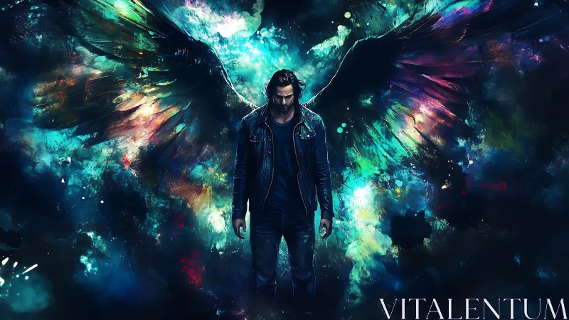 Winged male figure in dark jacket amid abstract colors.