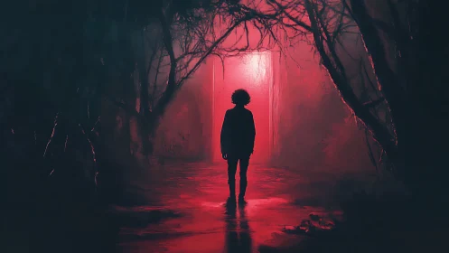 Silhouetted figure stands before glowing red portal in woods