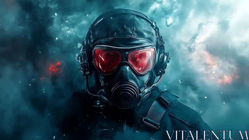 Gas mask operator in dense colored atmospheric smoke.