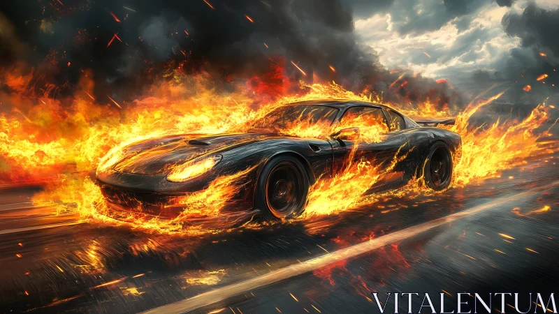 Flaming supercar races through firestorms on a wet highway.