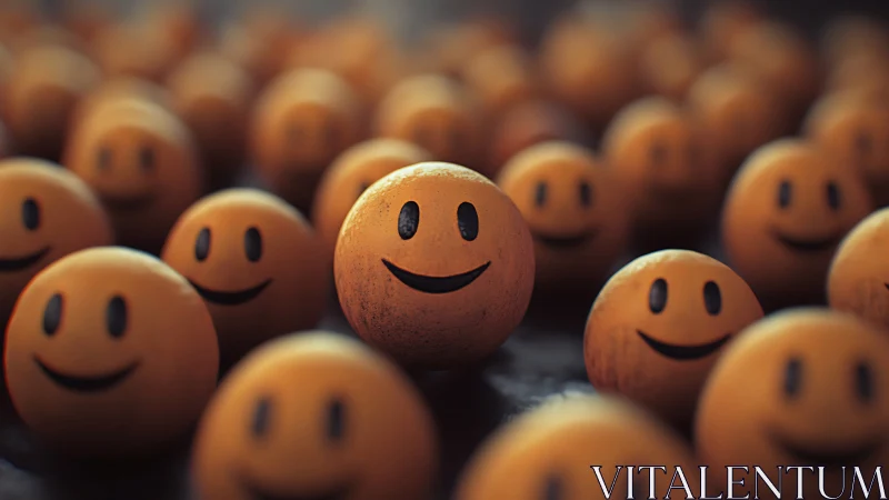 Smiling sphere stands bold amid a dreamy emoji crowd.