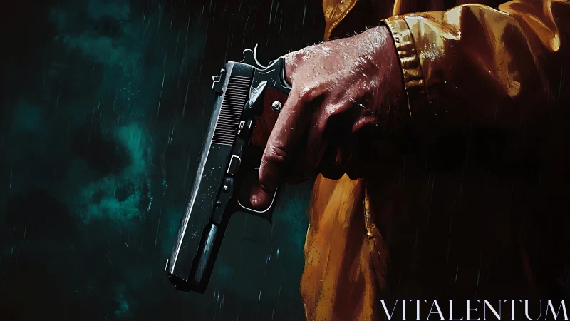 Hand gripping pistol in rain evokes tense cinematic drama.
