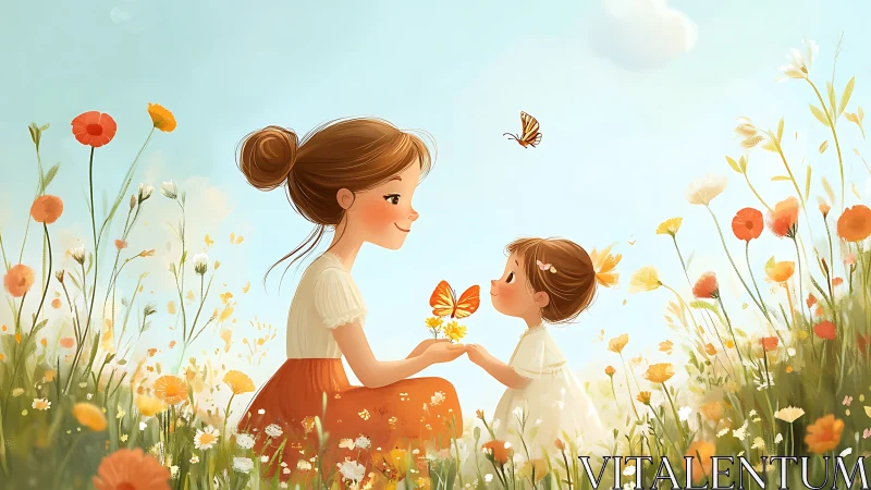 Maternal interaction with butterflies in luminous floral meadow.