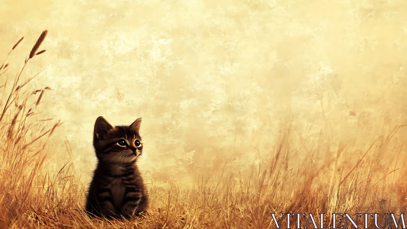 Black Kitten Gazing Upward in Golden Wheat Field.