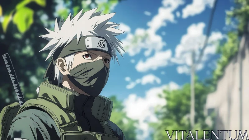 Masked silver-haired ninja surveys village under clear sky.