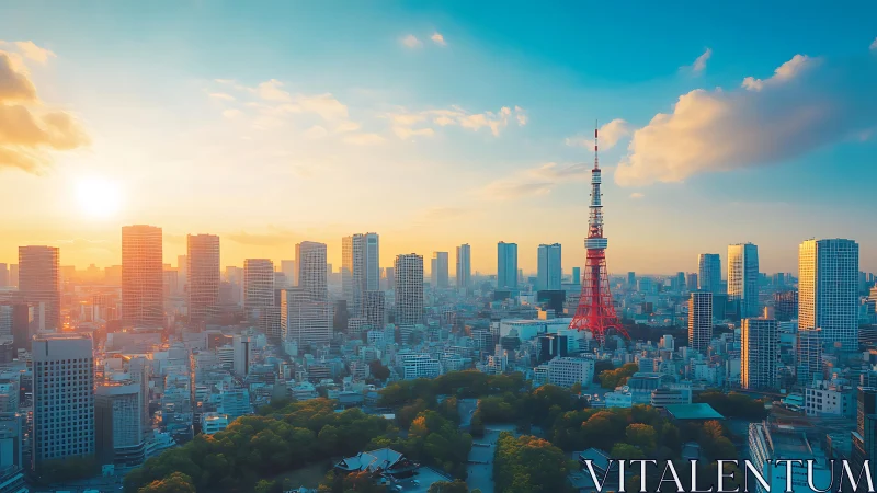 Urban skyline with red communications tower under low sun