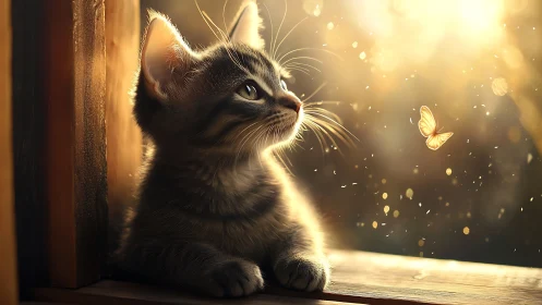 Kitten Contemplates Golden Butterflies in Ethereal Sunlight