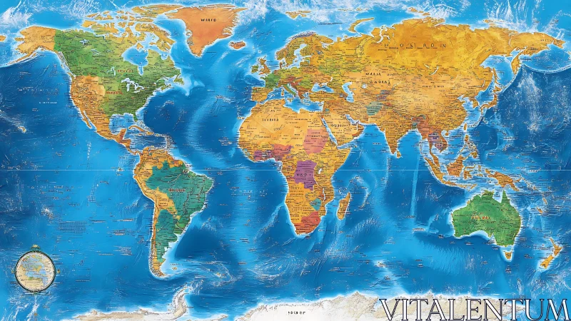 World political map illustrates countries and oceanic relief