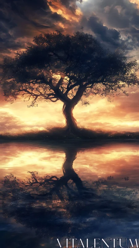 Golden sunset tree glows gently above its mirrored reflection
