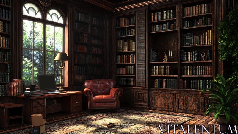 Wood paneled home library with leather chair and desk.