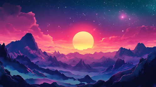 Radiant cosmic sunrise welcomes a dreamy neon mountain world