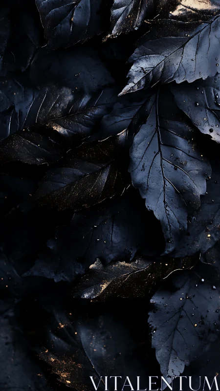 Midnight indigo foliage with metallic gold dust accents.