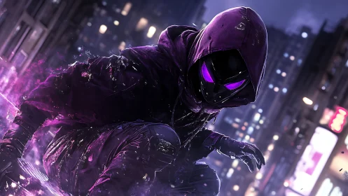 Stealth cyber rogue in violet hood amid neon cityscape.