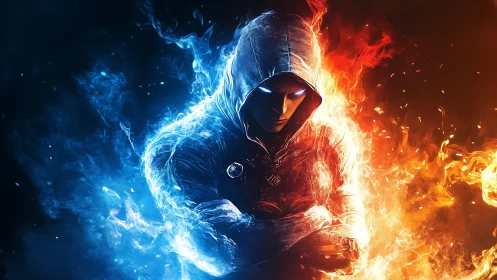 Hooded elemental warrior stands between blue ice and fire