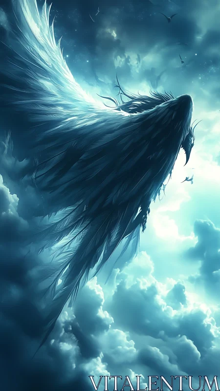 Celestial winged figure in luminous storm cloud vertical concept art.