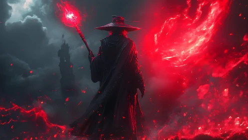 Scarlet stormlight crowns the lone warlock in hellish mist