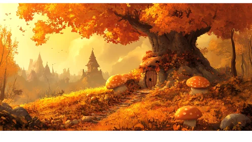 Autumn sprite&rsquo;s tree-door cottage under caramel light hush.