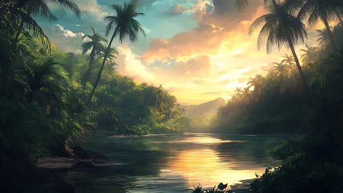 Tropical River Canyon Sunset with Palm-Lined Gorge and Golden Reflections.