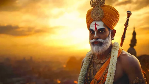 Sunlit sage in saffron armor of devotion at golden dusk.