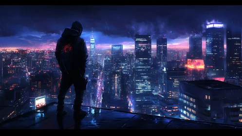 Hooded lone figure surveys neon cyberpunk skyline at dusk.