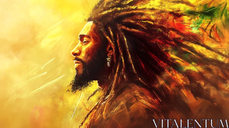 Profile portrait with flowing dreadlocks in molten light.