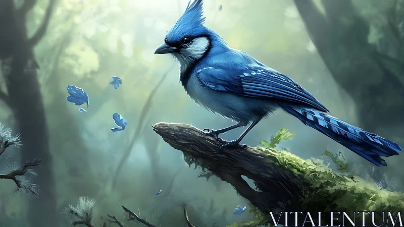 Blue jay perched on mossy branch in dreamy forest scene, digital art.