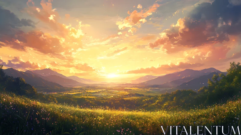 Sunlit valley landscape with distant mountain ranges at dusk.