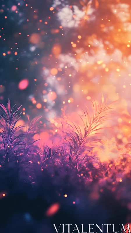Dreamlike neon meadow under glowing bokeh sky.